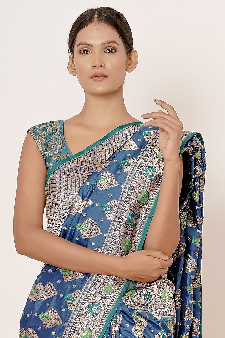 Bright Peacock Blue Embroidered Wedding Saree Set by Aharin India at Pernia's Pop Up Shop