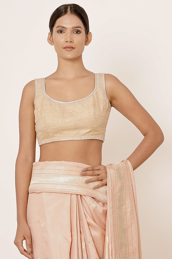 Peach Pure Satin Silk Zari Embroidered Wedding Saree Set by Aharin India at Pernia's Pop Up Shop