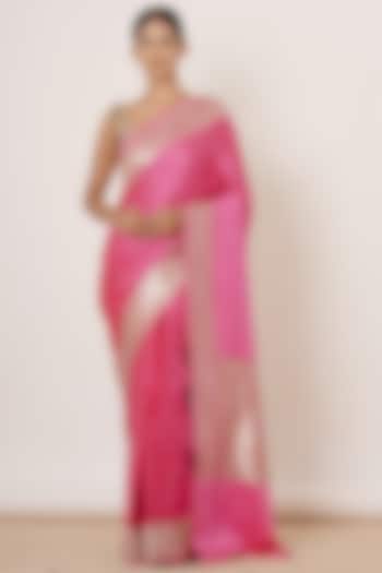 Bright Pink Embroidered Saree Set by Aharin India