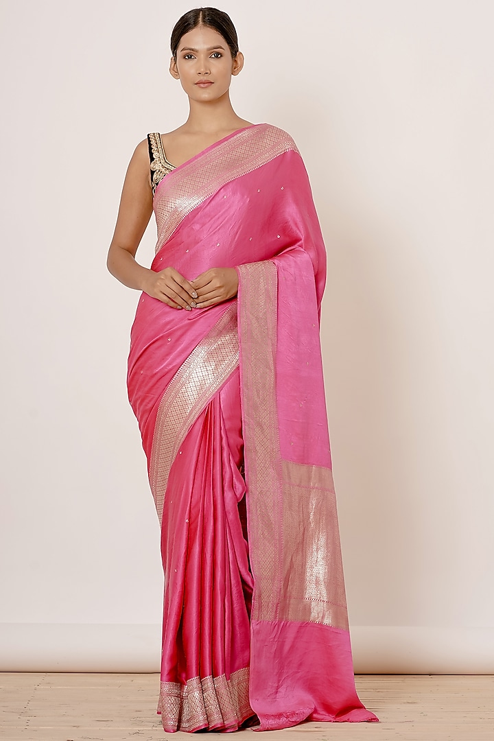 Bright Pink Embroidered Saree Set by Aharin India