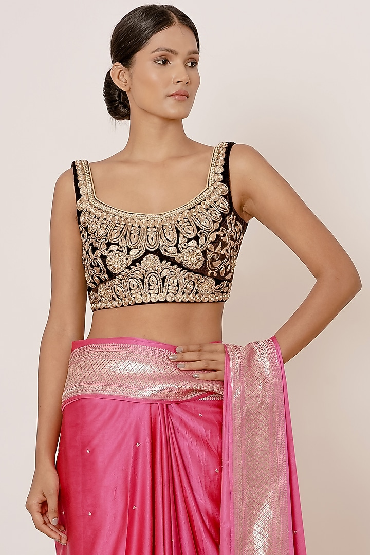 Bright Pink Embroidered Wedding Saree Set by Aharin India at Pernia's Pop Up Shop