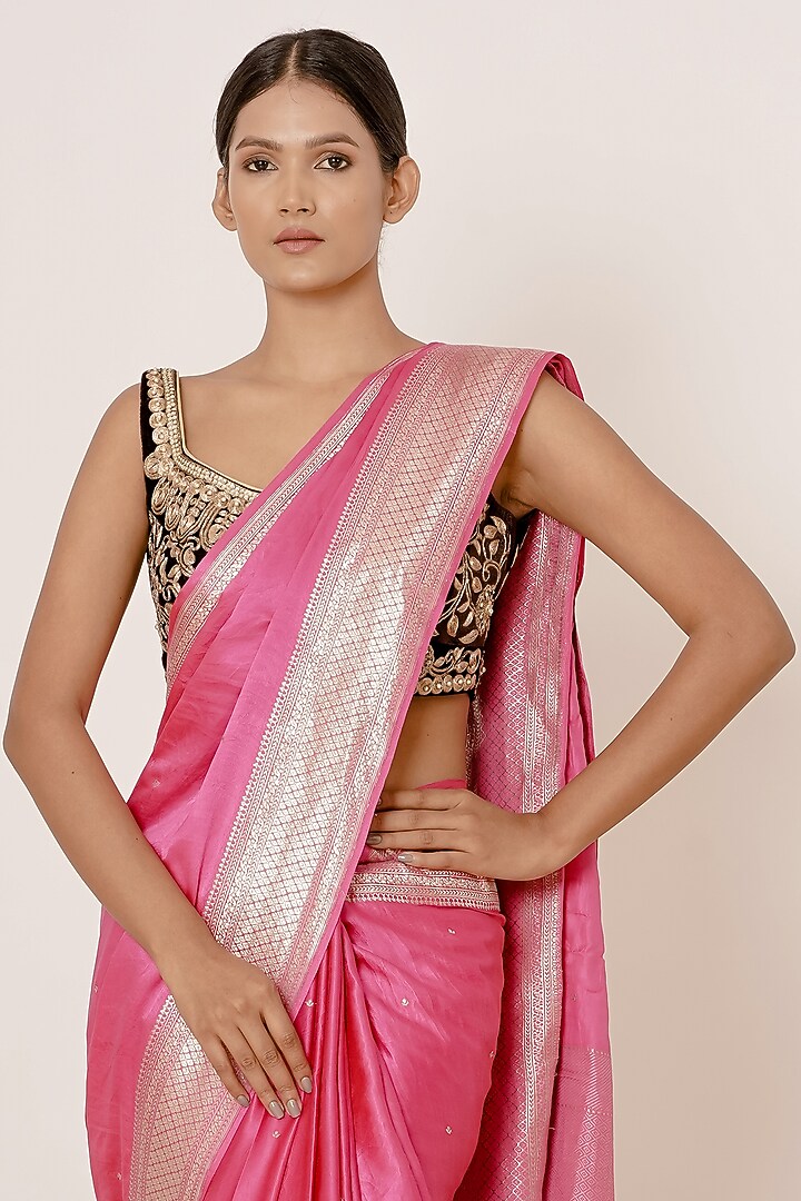 Bright Pink Embroidered Wedding Saree Set by Aharin India at Pernia's Pop Up Shop