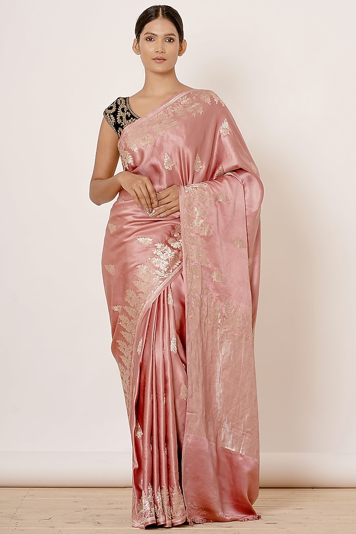 Onion Pink Pure Satin Silk Zari Embroidered Wedding Saree Set by Aharin India at Pernia's Pop Up Shop