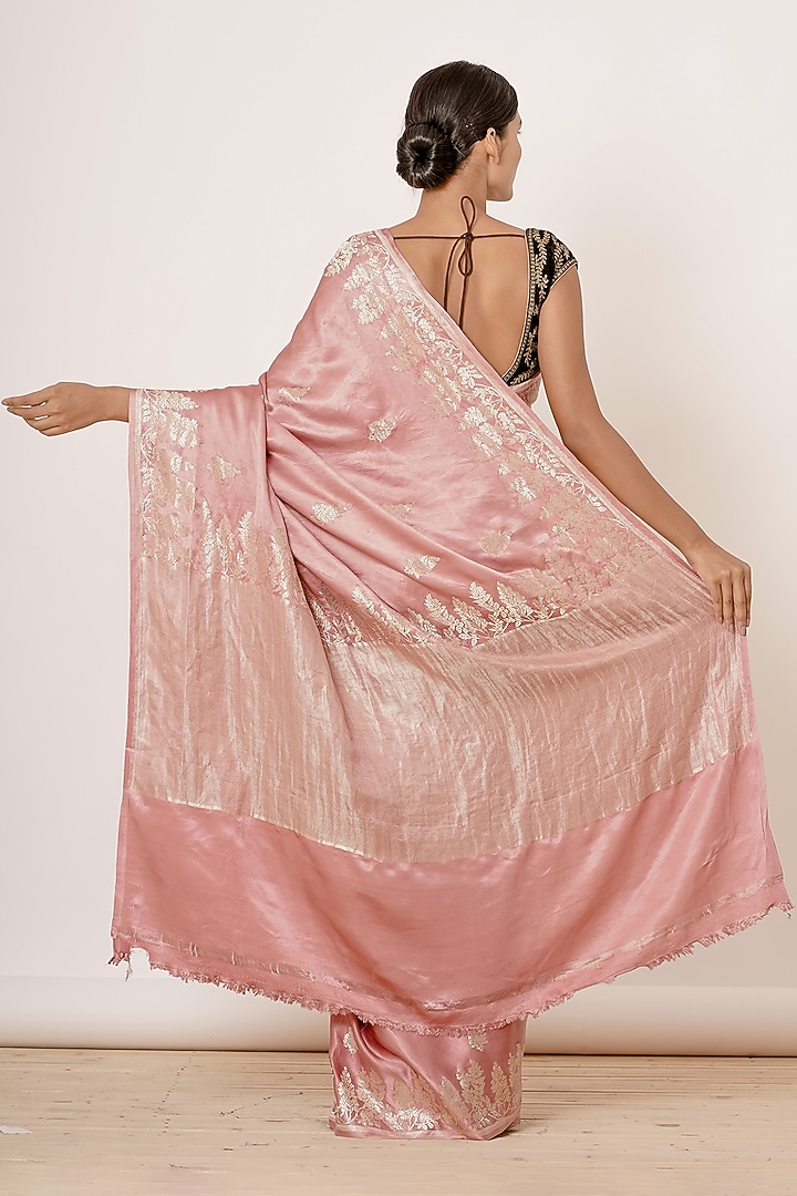 Onion Pink Pure Satin Silk Zari Embroidered Wedding Saree Set by Aharin India at Pernia's Pop Up Shop