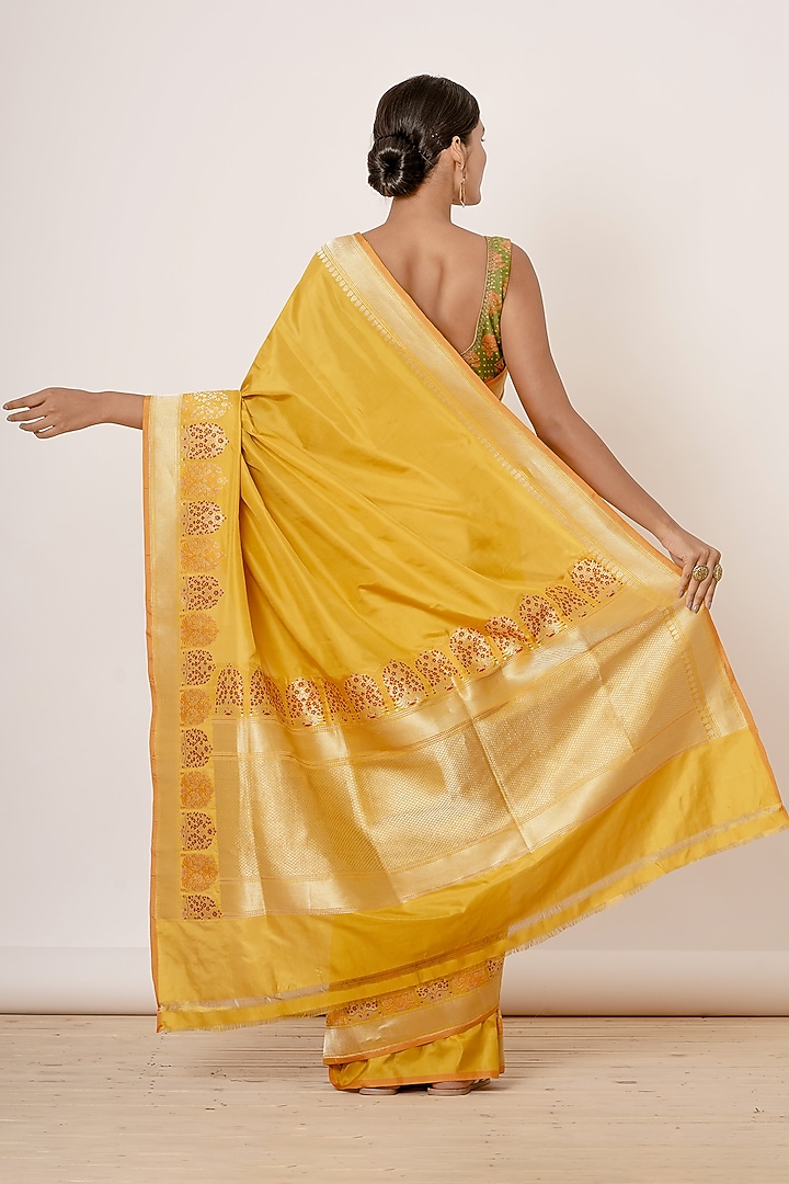 Mustard Pure Banarasi Silk Zari Embroidered Wedding Saree by Aharin India at Pernia's Pop Up Shop