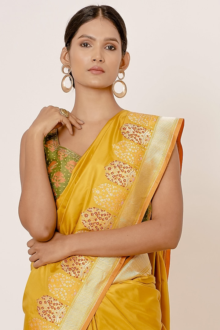 Mustard Pure Banarasi Silk Zari Embroidered Wedding Saree by Aharin India at Pernia's Pop Up Shop