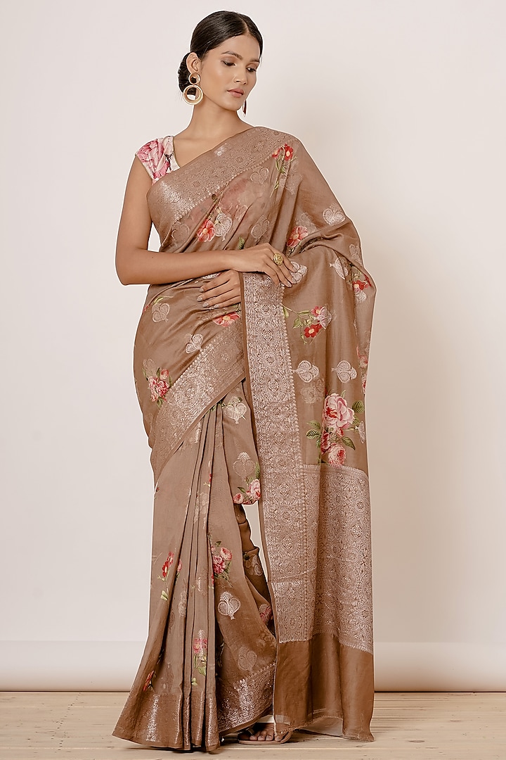 Dark Gold Printed & Embroidered Saree Set by Aharin India
