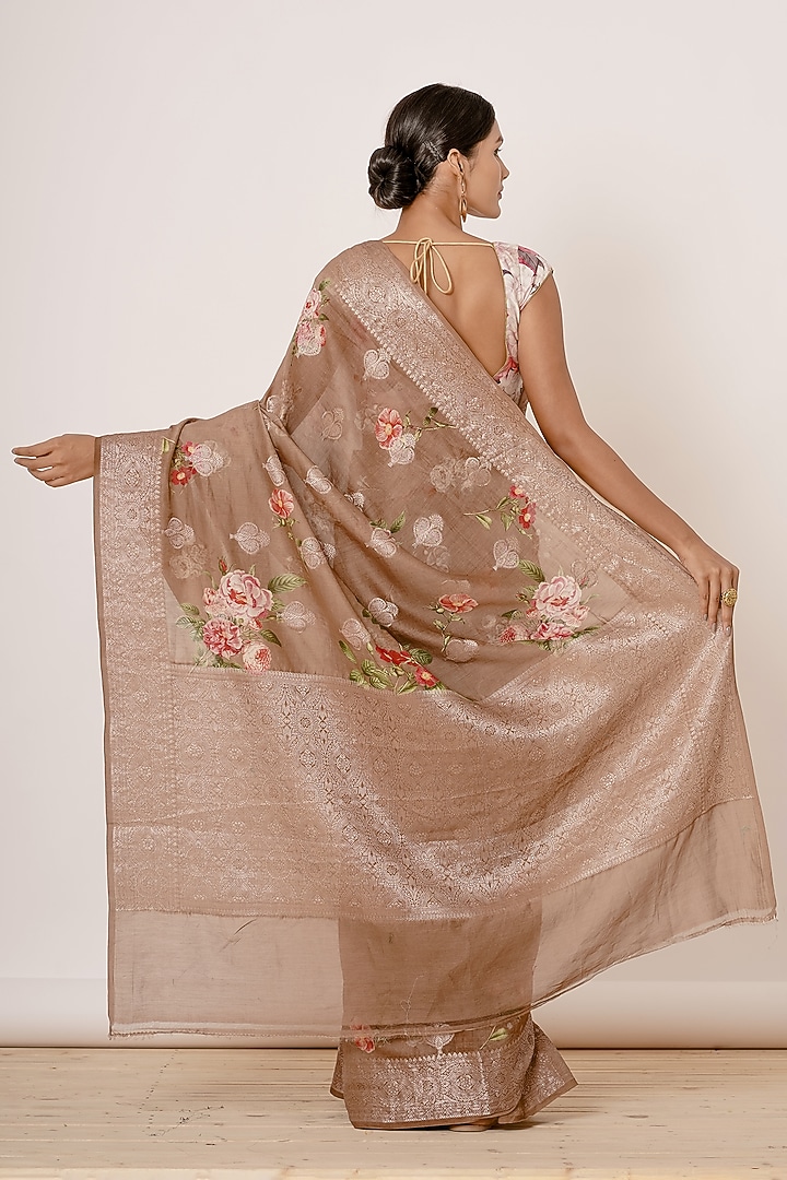 Dark Gold Pure Banarasi Silk Floral Printed Wedding Saree Set by Aharin India at Pernia's Pop Up Shop