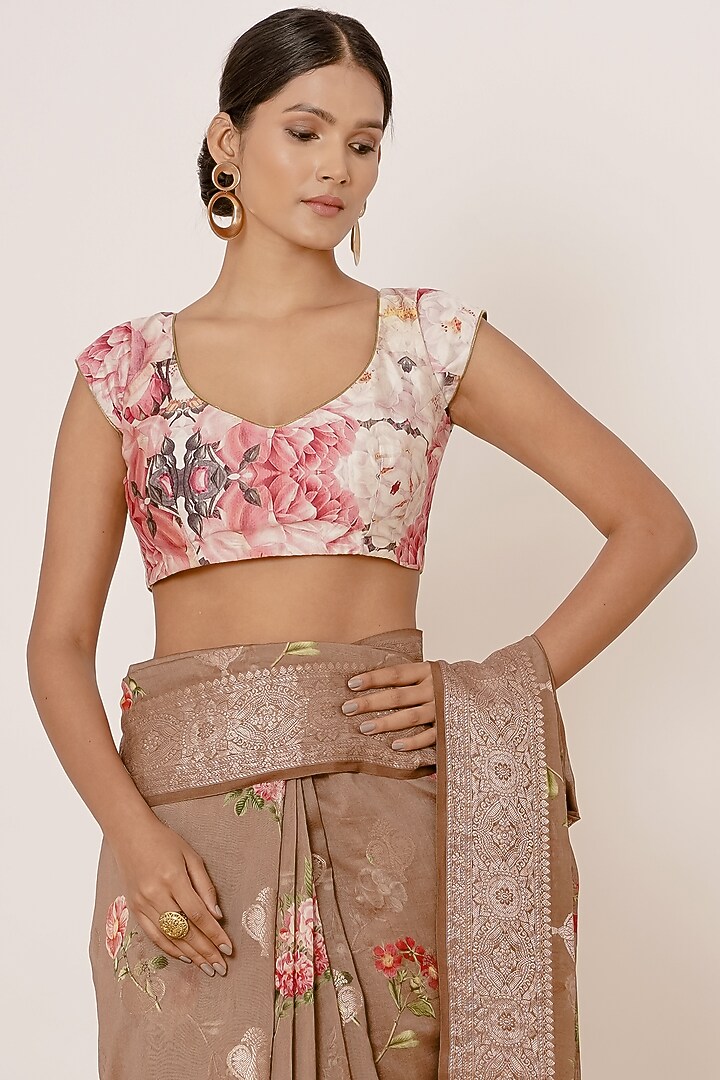 Dark Gold Pure Banarasi Silk Floral Printed Wedding Saree Set by Aharin India at Pernia's Pop Up Shop