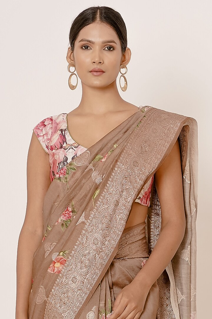 Dark Gold Pure Banarasi Silk Floral Printed Wedding Saree Set by Aharin India at Pernia's Pop Up Shop