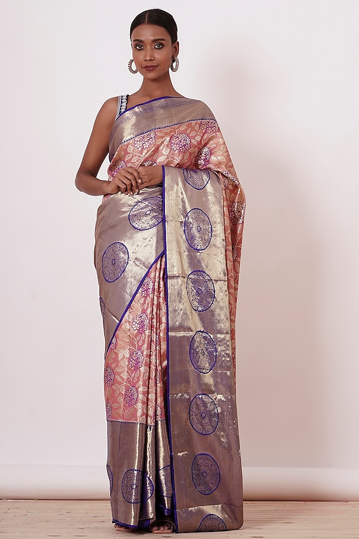 Dusty Peach Pure Dharmavaram Silk Zari Embroidered Handwoven Wedding Saree Set by Aharin India at Pernia's Pop Up Shop