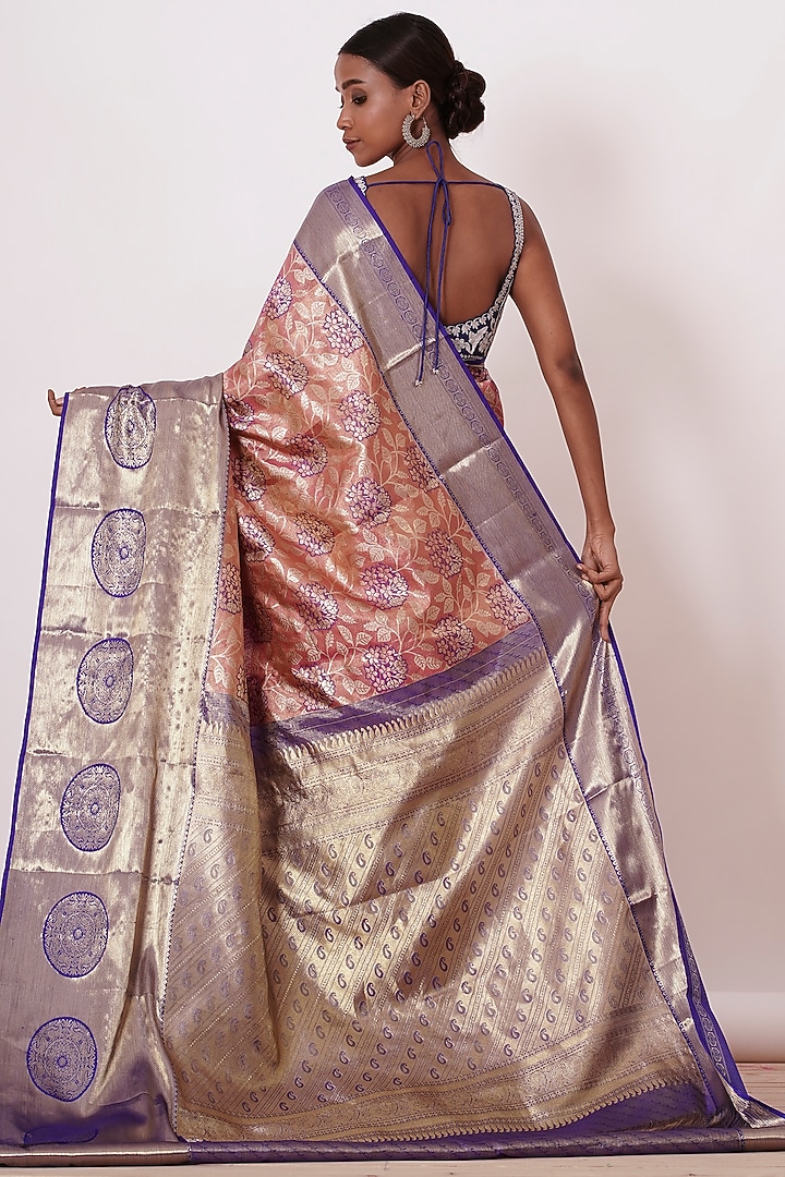 Dusty Peach Pure Dharmavaram Silk Zari Embroidered Handwoven Wedding Saree Set by Aharin India at Pernia's Pop Up Shop