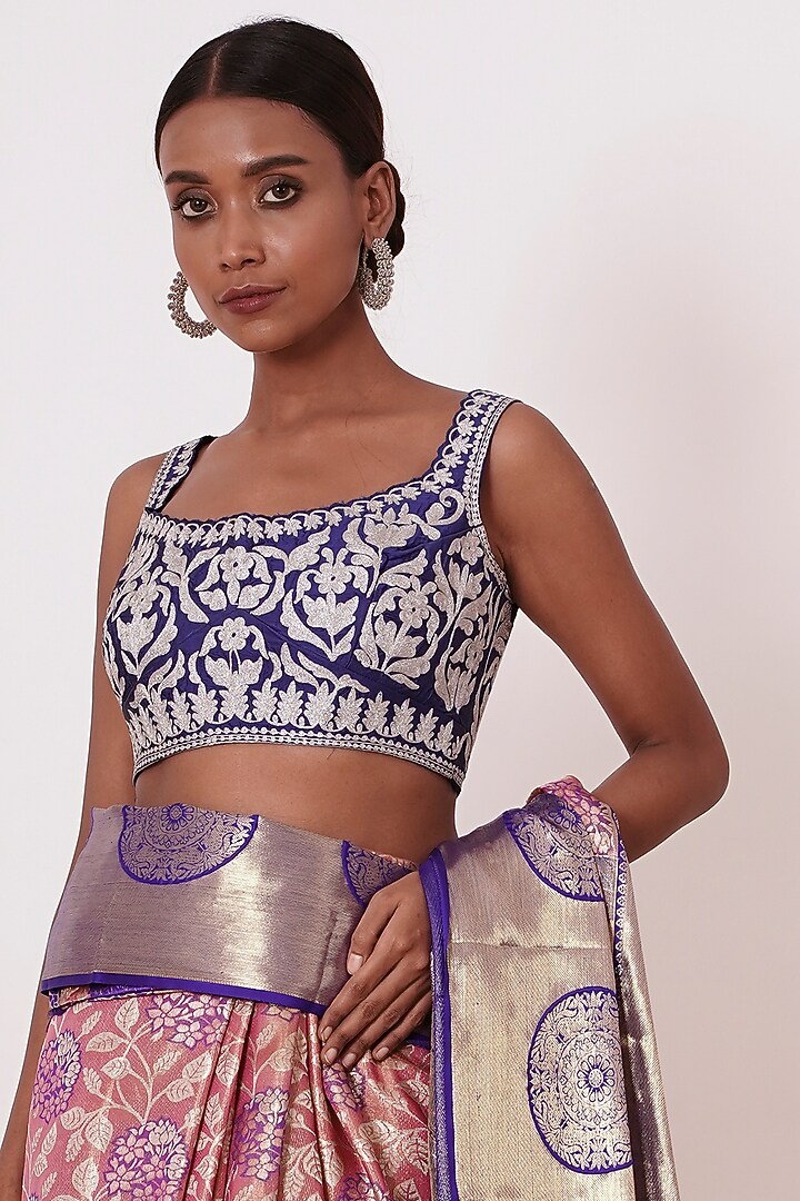 Dusty Peach Pure Dharmavaram Silk Zari Embroidered Handwoven Wedding Saree Set by Aharin India at Pernia's Pop Up Shop
