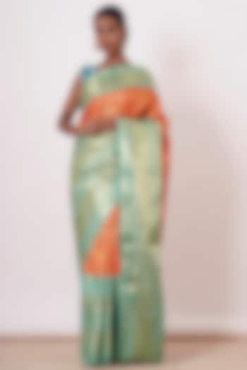 Orange Banarasi Silk Zari Embroidered Handwoven Saree Set by Aharin India