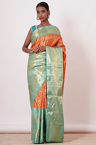 Orange Banarasi Silk Zari Embroidered Handwoven Saree Set by Aharin India