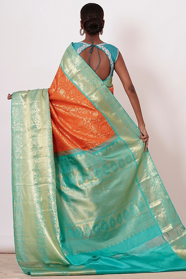 Orange Banarasi Silk Zari Embroidered Handwoven Wedding Saree Set by Aharin India at Pernia's Pop Up Shop