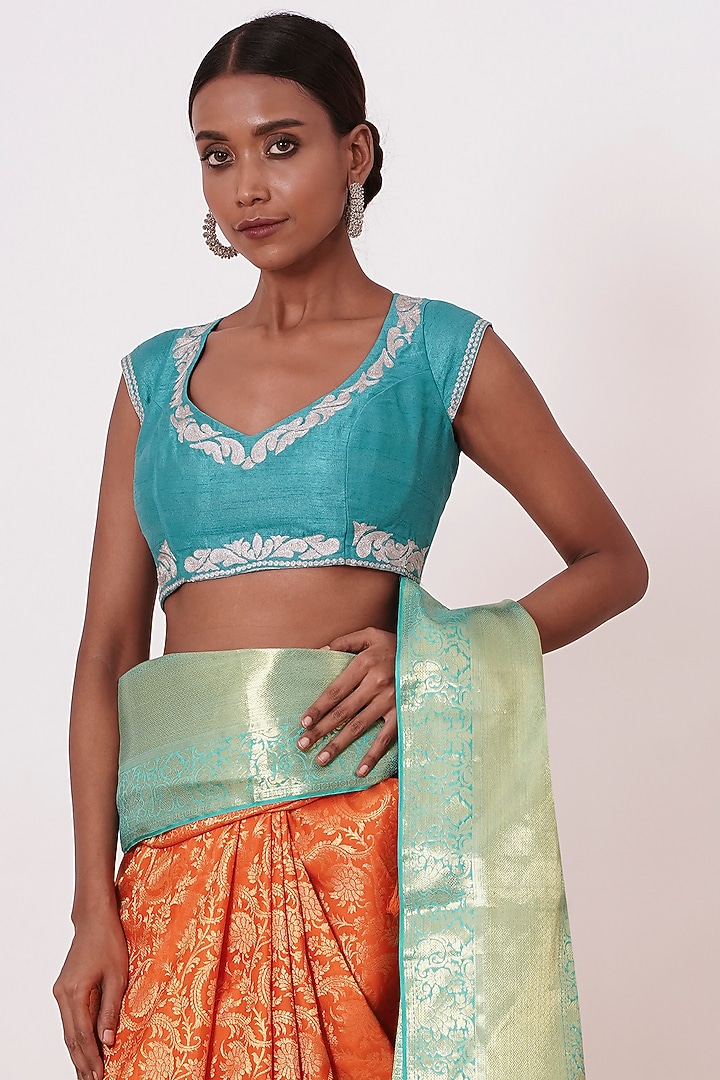 Orange Banarasi Silk Zari Embroidered Handwoven Wedding Saree Set by Aharin India at Pernia's Pop Up Shop