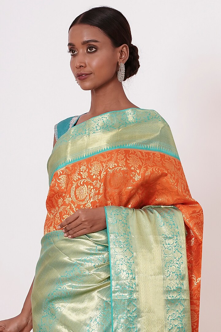 Orange Banarasi Silk Zari Embroidered Handwoven Wedding Saree Set by Aharin India at Pernia's Pop Up Shop