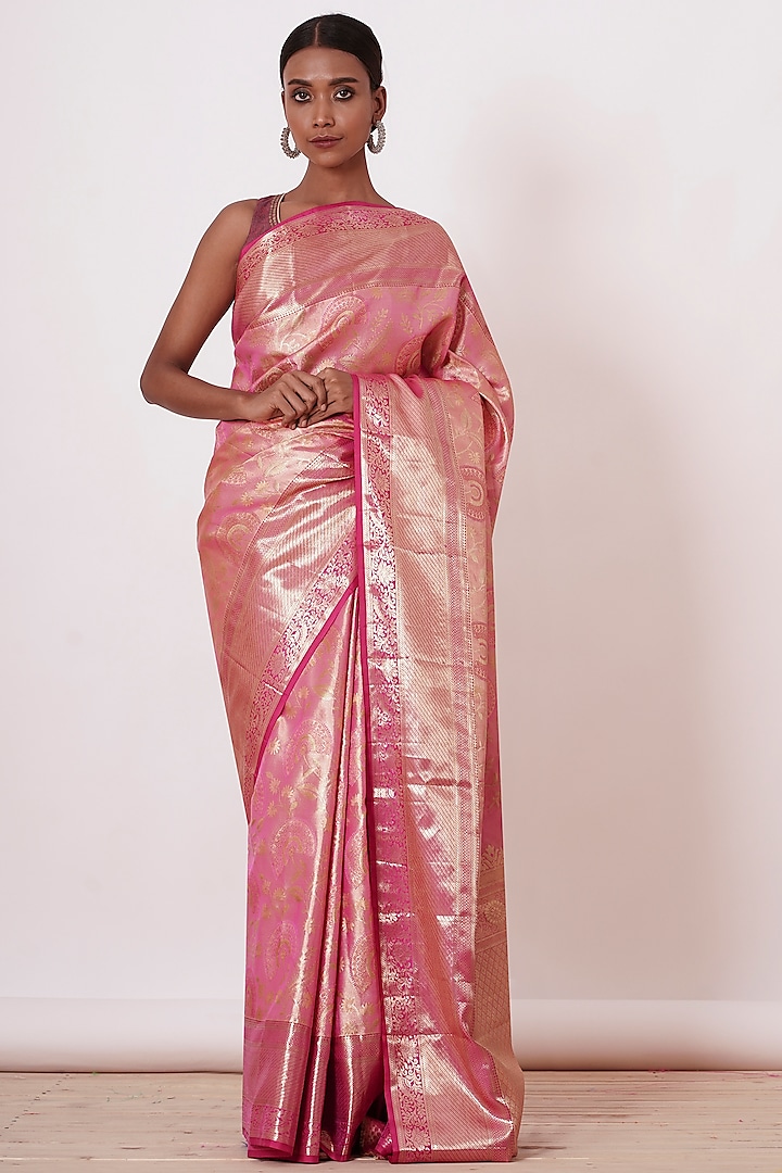 Onion Pink Pure Dharmavaram Silk Zari Embroidered Handwoven Saree Set by Aharin India