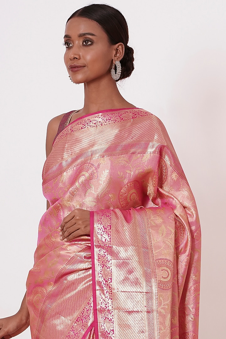 Onion Pink Pure Dharmavaram Silk Zari Embroidered Handwoven Wedding Saree Set by Aharin India at Pernia's Pop Up Shop