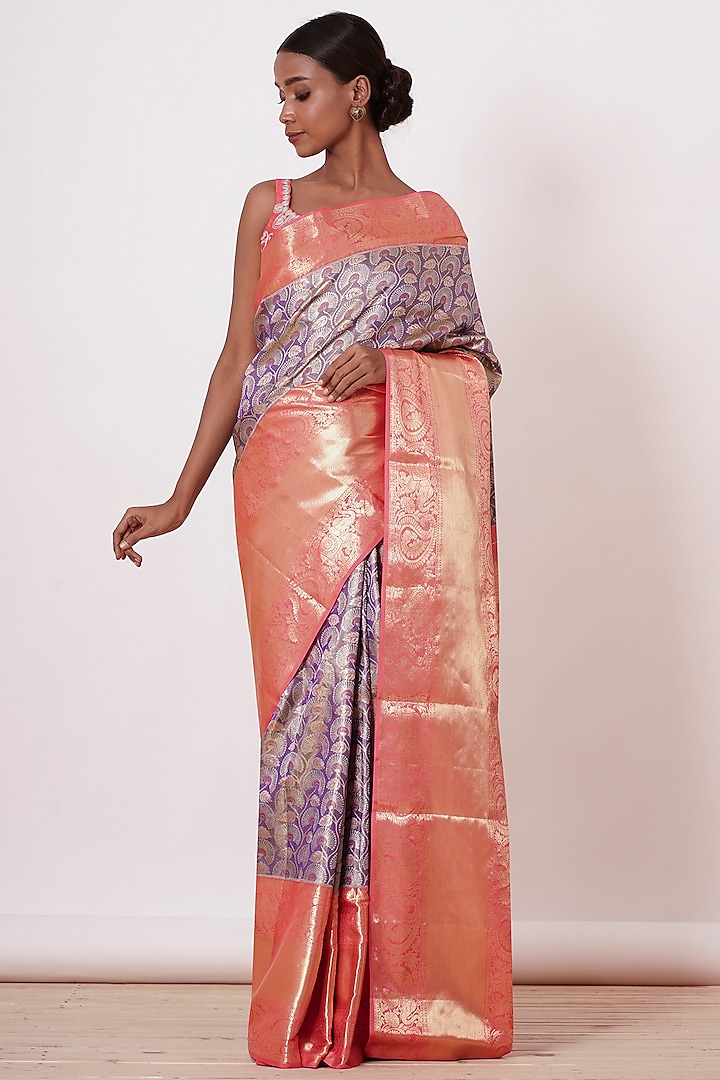 Violet Pure Dharmavaram Silk Floral Embroidered Handwoven Saree Set by Aharin India at Pernia's Pop Up Shop