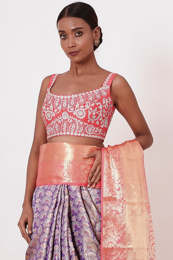 Violet Pure Dharmavaram Silk Floral Embroidered Handwoven Wedding Saree Set by Aharin India at Pernia's Pop Up Shop