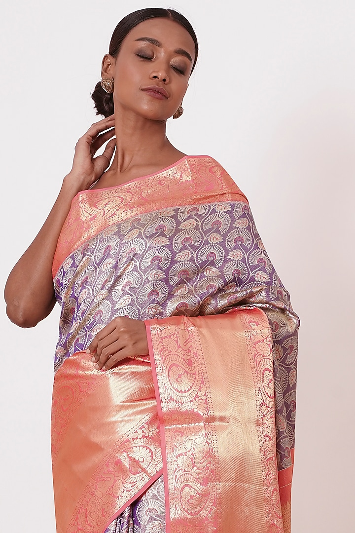 Violet Pure Dharmavaram Silk Floral Embroidered Handwoven Wedding Saree Set by Aharin India at Pernia's Pop Up Shop