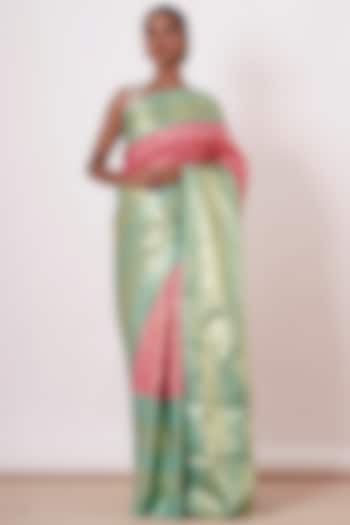 Onion Pink Pure Dharmavaram Silk Zari Embroidered Handwoven Wedding Saree Set by Aharin India at Pernia's Pop Up Shop