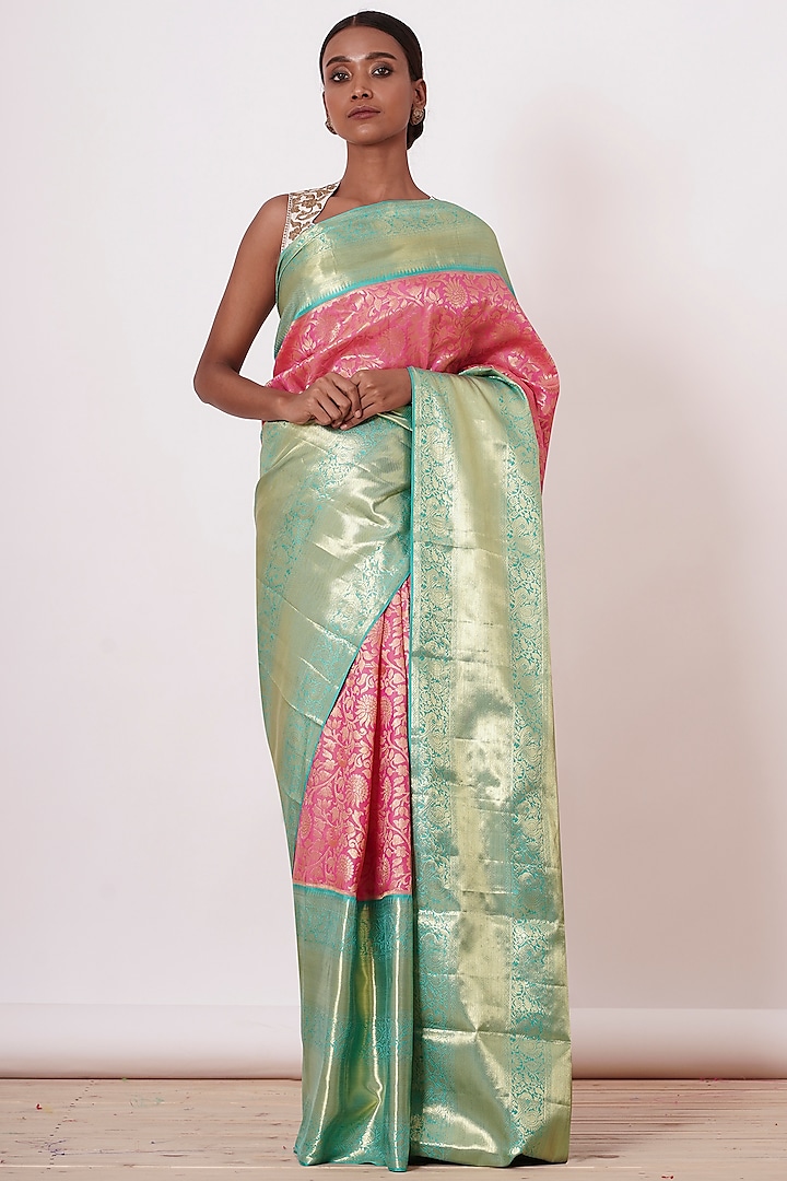 Onion Pink Pure Dharmavaram Silk Zari Embroidered Handwoven Wedding Saree Set by Aharin India at Pernia's Pop Up Shop