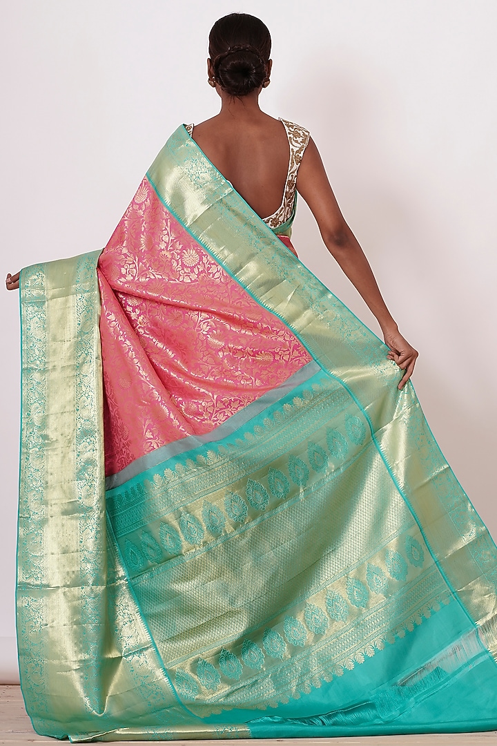 Onion Pink Pure Dharmavaram Silk Zari Embroidered Handwoven Wedding Saree Set by Aharin India at Pernia's Pop Up Shop