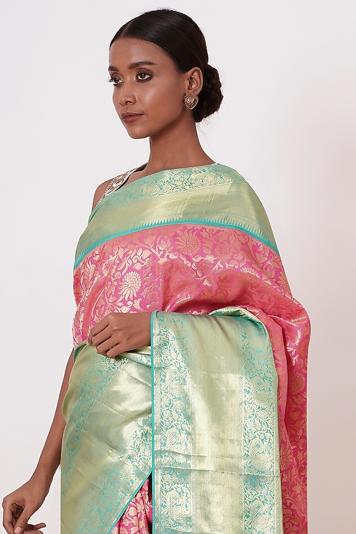 Onion Pink Pure Dharmavaram Silk Zari Embroidered Handwoven Wedding Saree Set by Aharin India at Pernia's Pop Up Shop
