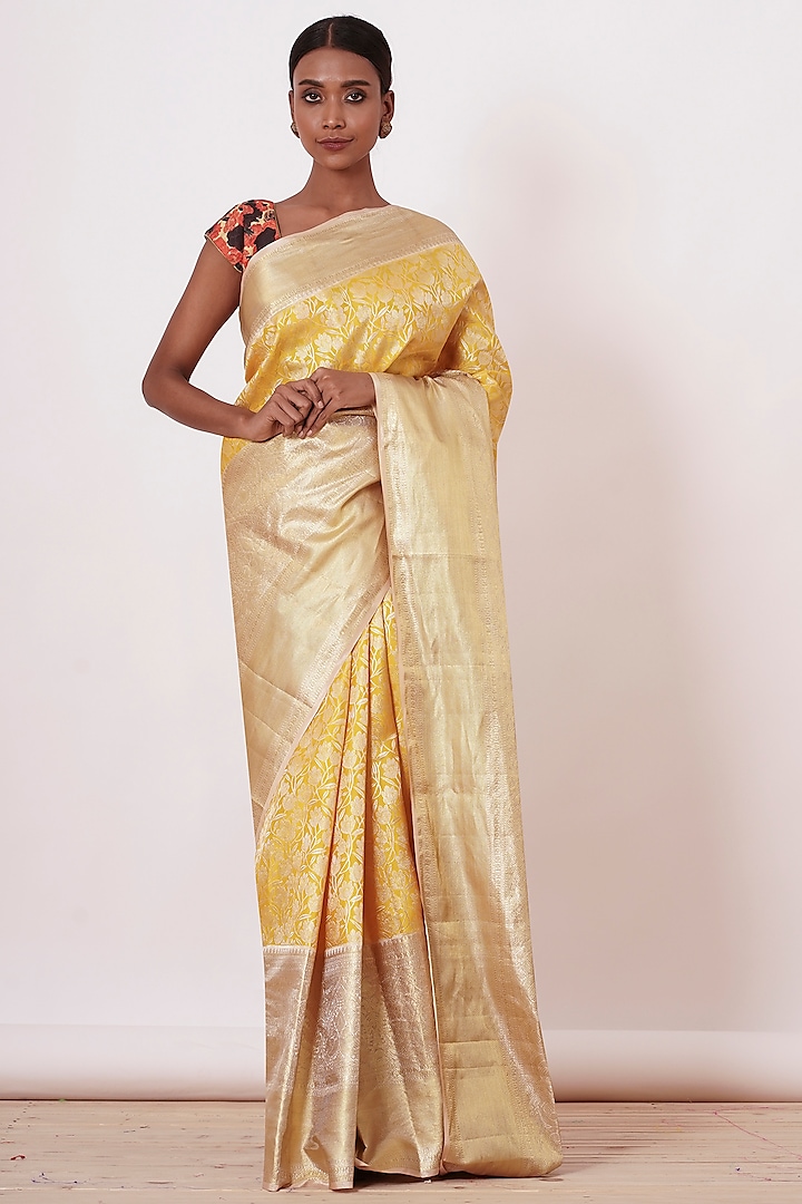 Pale Yellow Banarasi Silk Floral Zari Embroidered Handwoven Saree Set by Aharin India
