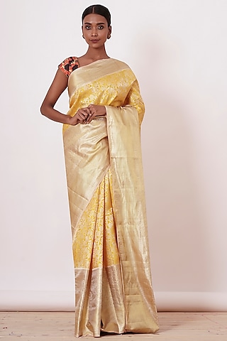 Pale Yellow Banarasi Silk Floral Zari Embroidered Handwoven Saree Set by Aharin India