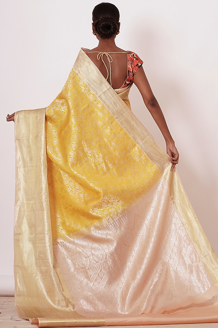 Pale Yellow Banarasi Silk Floral Zari Embroidered Handwoven Wedding Saree Set by Aharin India at Pernia's Pop Up Shop