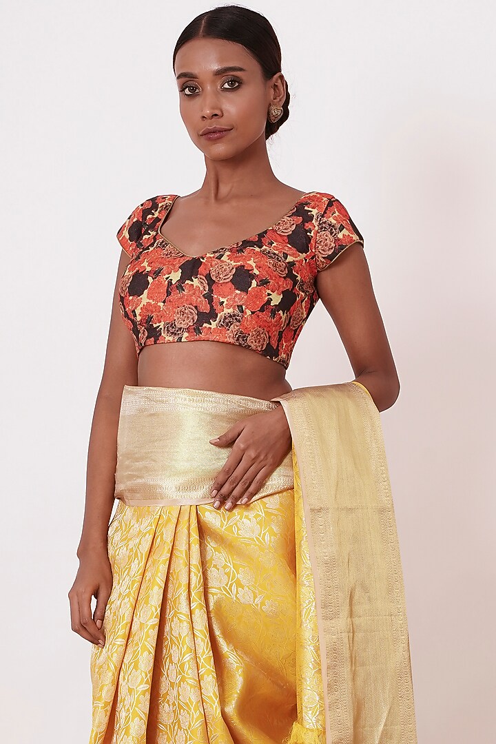 Pale Yellow Banarasi Silk Floral Zari Embroidered Handwoven Wedding Saree Set by Aharin India at Pernia's Pop Up Shop