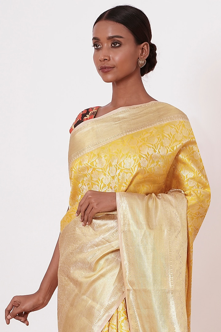 Pale Yellow Banarasi Silk Floral Zari Embroidered Handwoven Wedding Saree Set by Aharin India at Pernia's Pop Up Shop