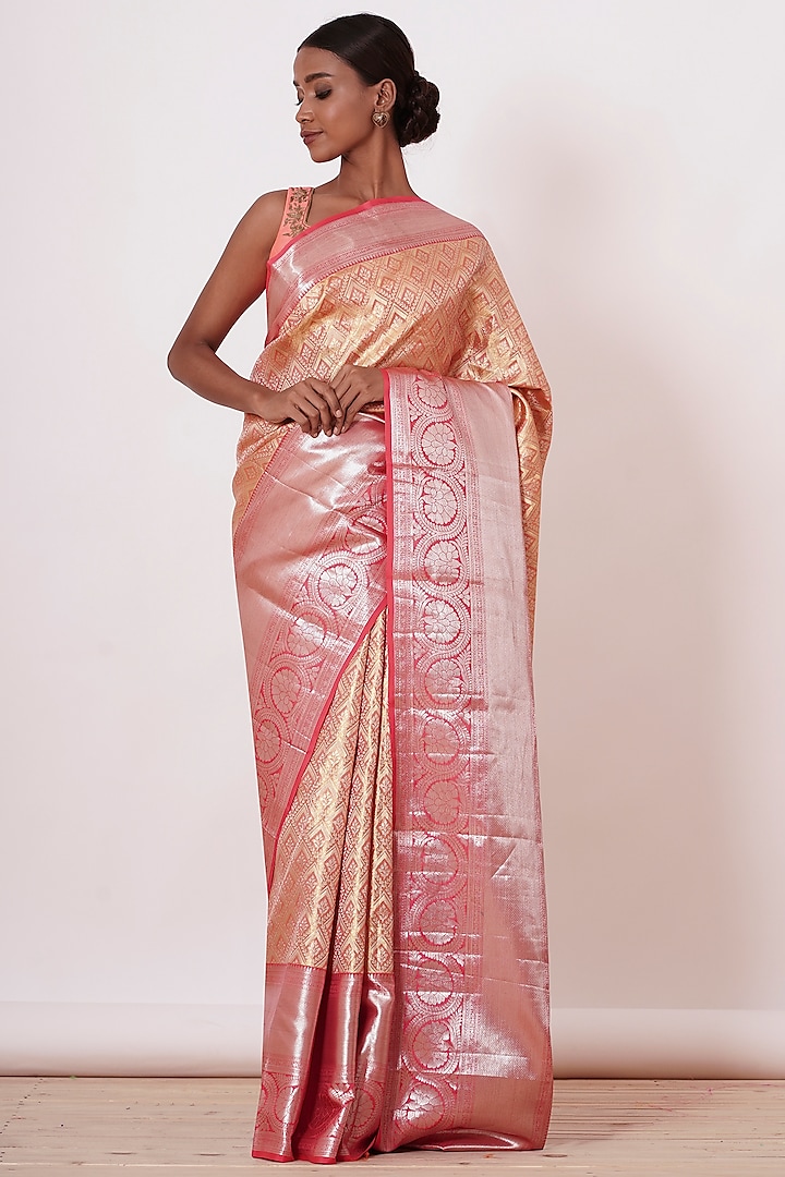 Peach & Gold Pure Dharmavaram Tissue Silk Zari Embroidered Handwoven Saree Set by Aharin India
