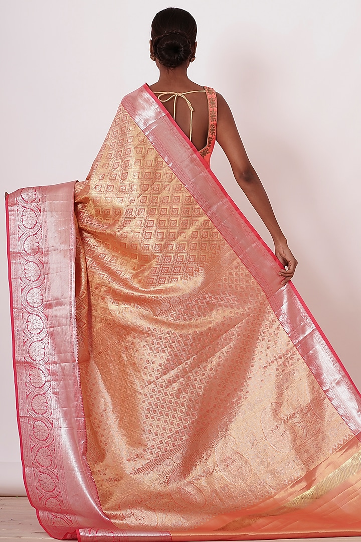 Peach & Gold Pure Dharmavaram Tissue Silk Zari Embroidered Handwoven Wedding Saree Set by Aharin India at Pernia's Pop Up Shop