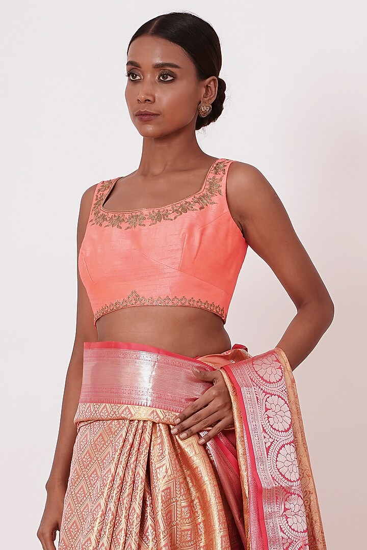 Peach & Gold Pure Dharmavaram Tissue Silk Zari Embroidered Handwoven Wedding Saree Set by Aharin India at Pernia's Pop Up Shop