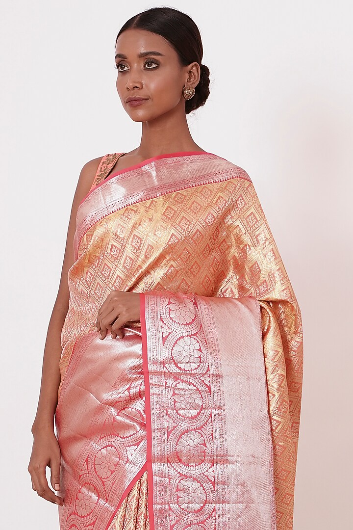 Peach & Gold Pure Dharmavaram Tissue Silk Zari Embroidered Handwoven Wedding Saree Set by Aharin India at Pernia's Pop Up Shop
