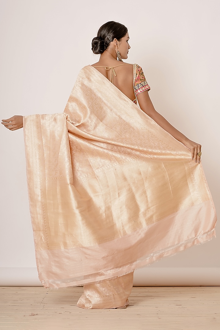 Light Peach Pure Banarasi Silk & Jacquard Zari Embroidered Wedding Saree Set by Aharin India at Pernia's Pop Up Shop
