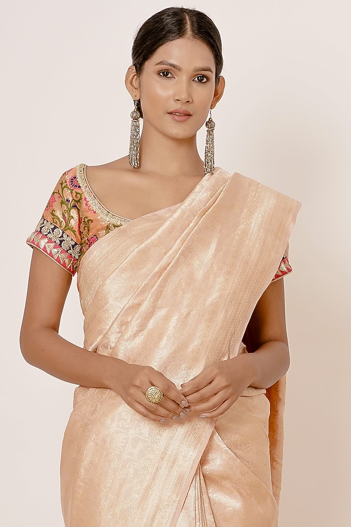Light Peach Pure Banarasi Silk & Jacquard Zari Embroidered Wedding Saree Set by Aharin India at Pernia's Pop Up Shop