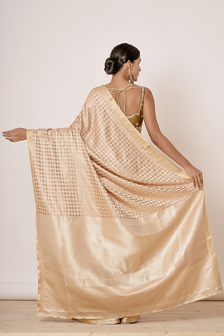 Golden Pure Banarasi Silk Geometric Chevron Motifs Wedding Saree Set by Aharin India at Pernia's Pop Up Shop