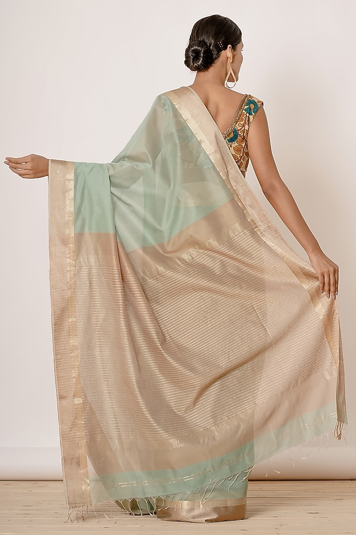 Dusty Turquoise Handwoven Chanderi Zari Embroidered Wedding Saree Set by Aharin India at Pernia's Pop Up Shop