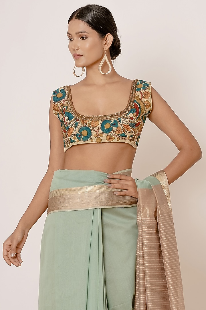 Dusty Turquoise Handwoven Chanderi Zari Embroidered Wedding Saree Set by Aharin India at Pernia's Pop Up Shop