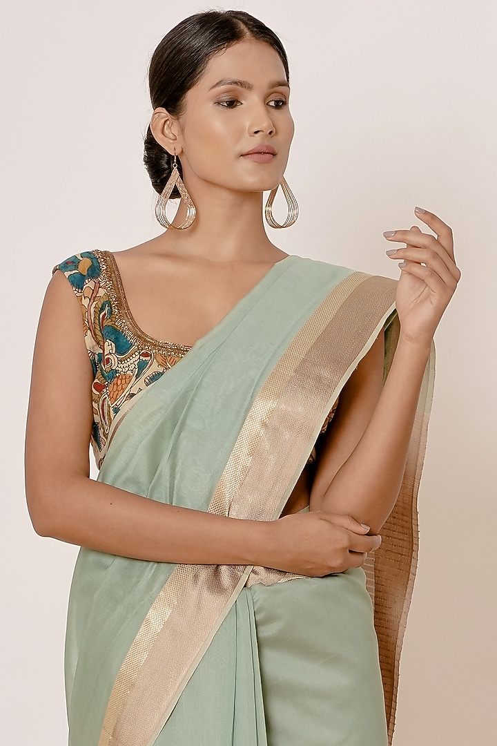 Dusty Turquoise Handwoven Chanderi Zari Embroidered Wedding Saree Set by Aharin India at Pernia's Pop Up Shop