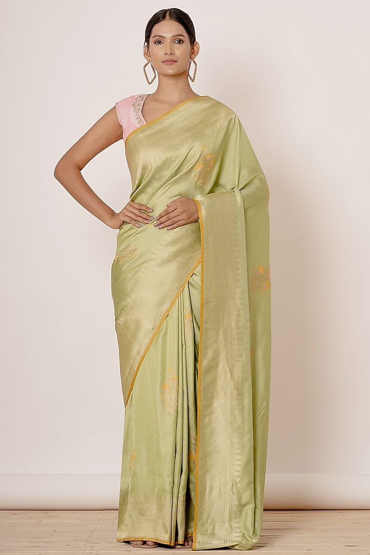 Pista Green Pure Banarasi Silk Saree Set by Aharin India