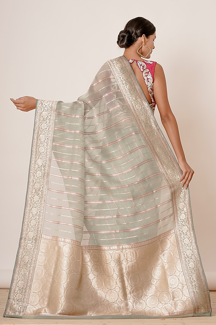 Light Turquoise Pure Banarasi Silk Wedding Saree Set by Aharin India at Pernia's Pop Up Shop