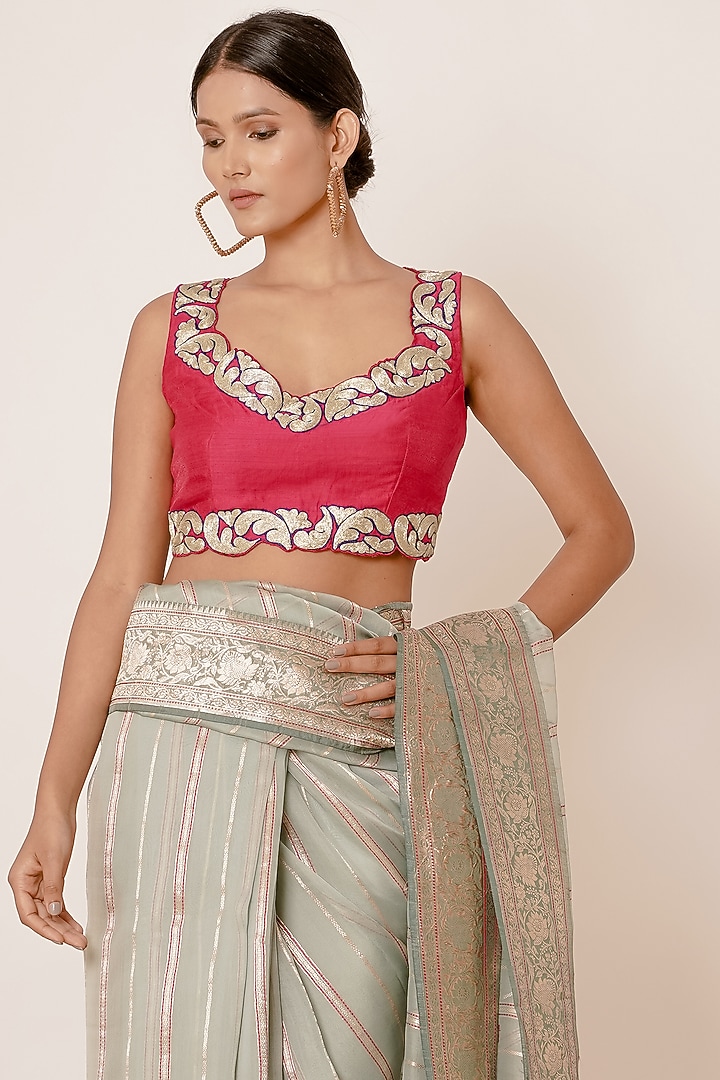 Light Turquoise Pure Banarasi Silk Wedding Saree Set by Aharin India at Pernia's Pop Up Shop