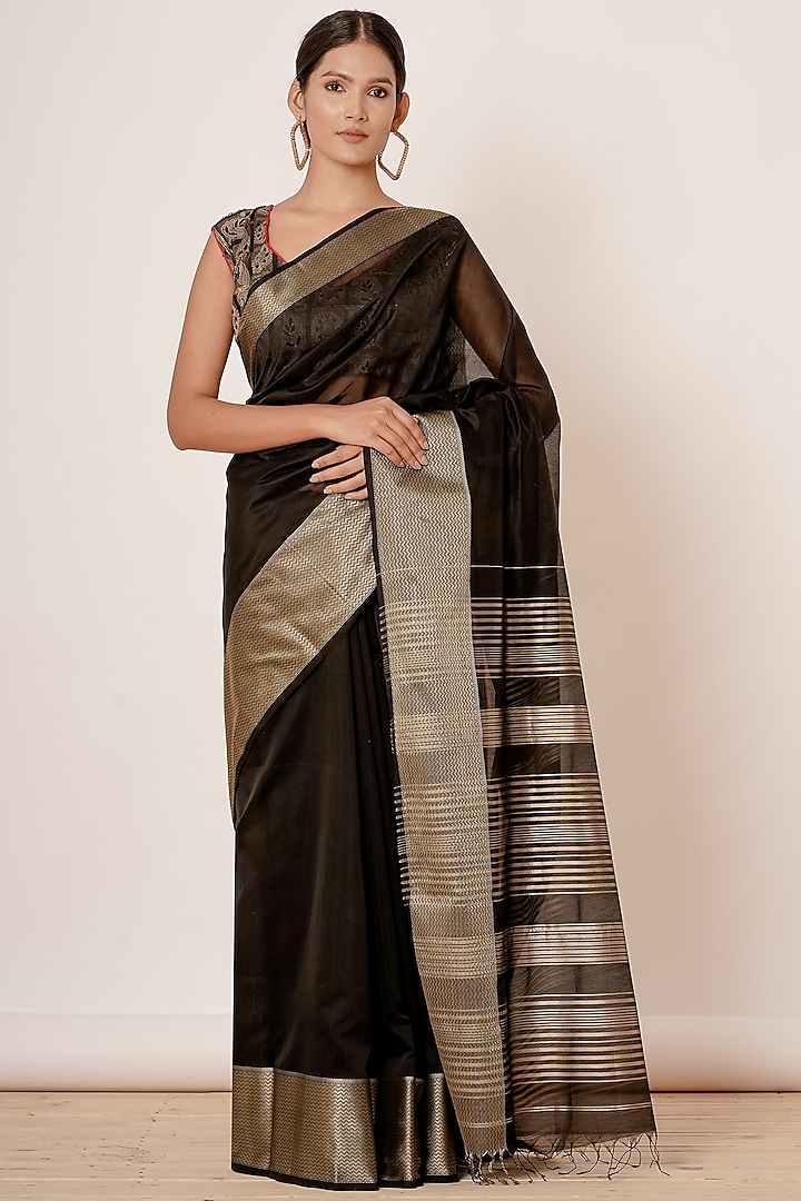 Royal Black Embroidered Saree Set by Aharin India